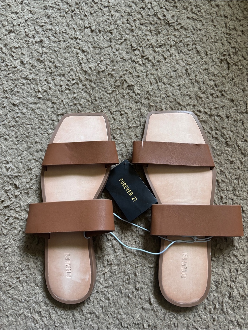 Forever 21 Tan Double-Strap Square-Toe Slide Sandals